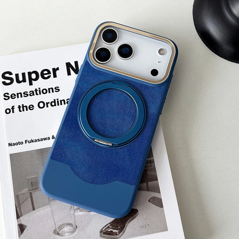 Denim Texture MagSafe iPhone Case with Rotating Ring Stand and Camera Lens Frame
