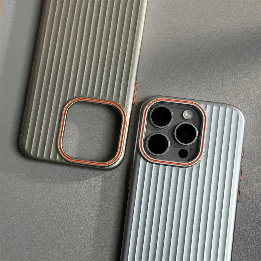 Ribbed Stripe iPhone Case with Metal Style Camera Frame and Button Covers