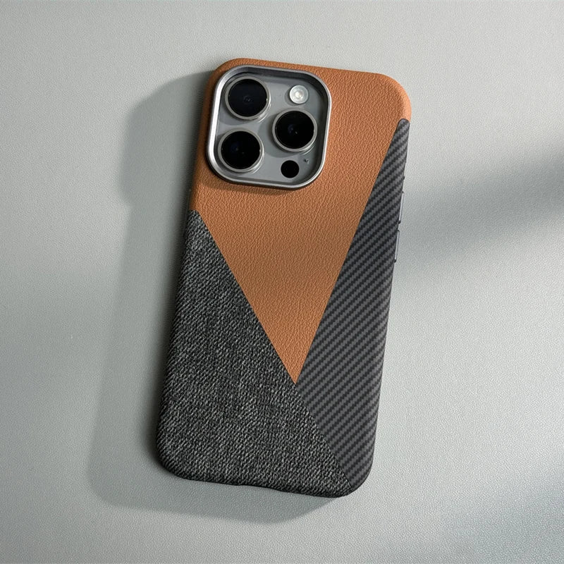 Carbon Fiber Style iPhone Case with Leather and Fabric Panels and Metal Camera Frame