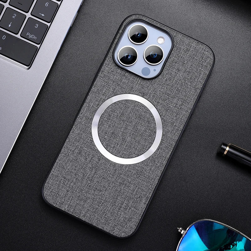 Linen Texture MagSafe iPhone Case with Raised Camera Frame and Lens Guard
