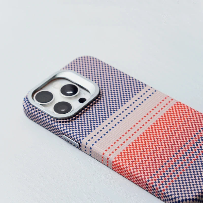 Checkered iPhone Case with Camera Lens Kickstand and Metal Style Frame
