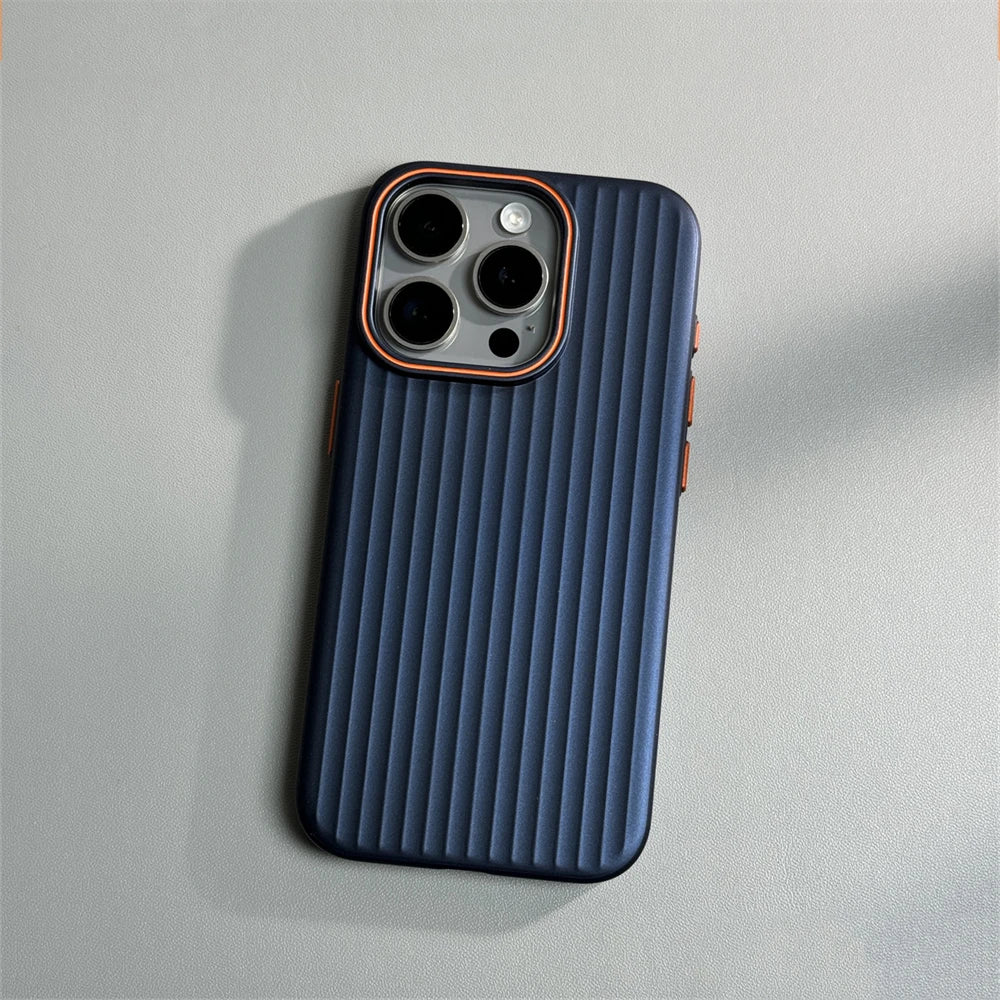 Ribbed Stripe iPhone Case with Metal Style Camera Frame and Button Covers
