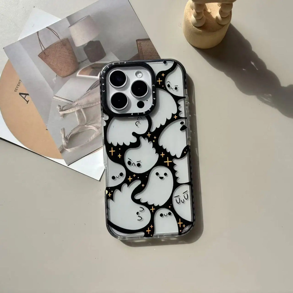 Cute Ghost Pattern iPhone Case Clear Back with Raised Camera Frame and Lens Guard
