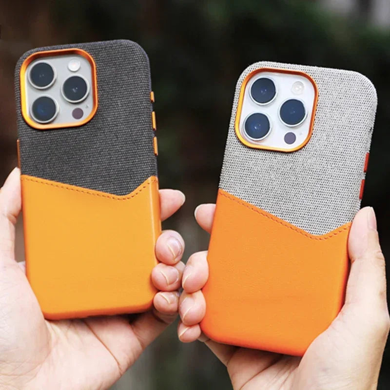 Two Tone Fabric Leather iPhone Case with Back Card Slot and Slim Protective Shell