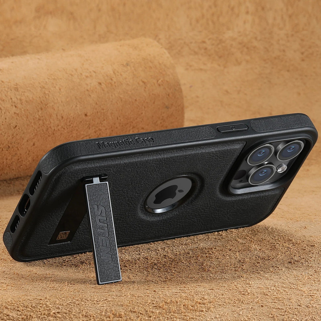 Premium Leather MagSafe iPhone Case with Built In Stand and Logo Cutout