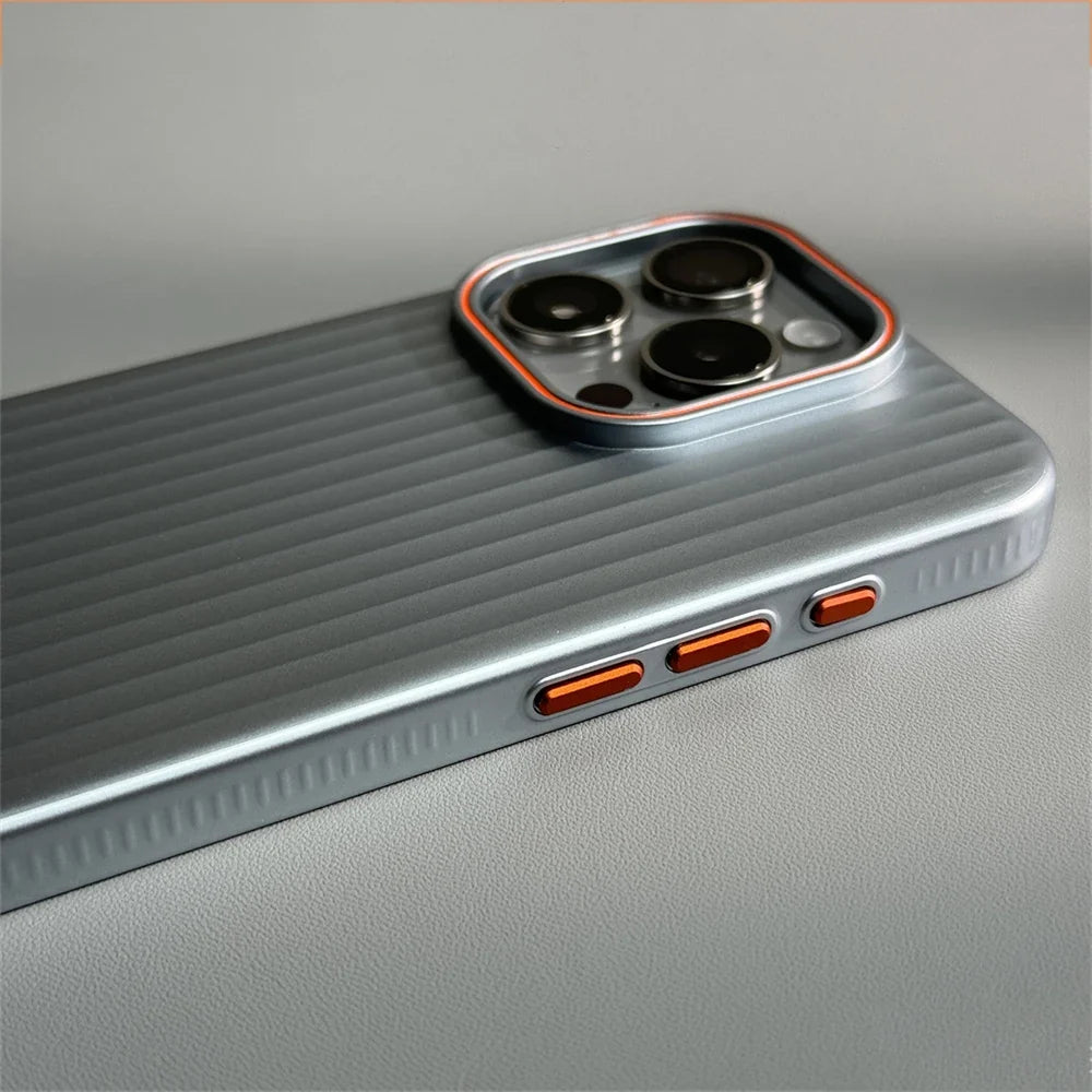 Ribbed Stripe iPhone Case with Metal Style Camera Frame and Button Covers