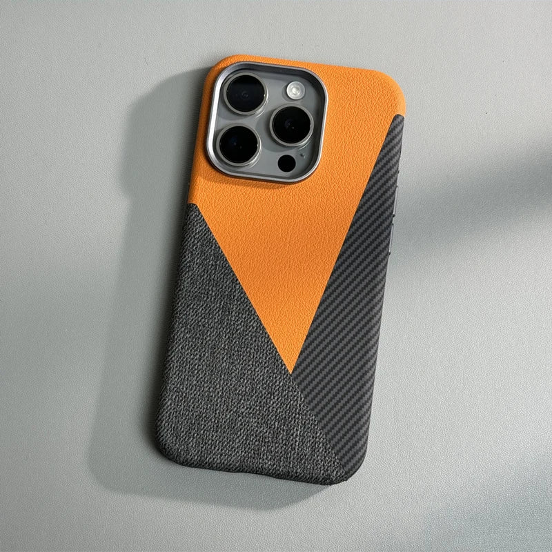 Carbon Fiber Style iPhone Case with Leather and Fabric Panels and Metal Camera Frame