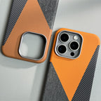 Carbon Fiber Style iPhone Case with Leather and Fabric Panels and Metal Camera Frame