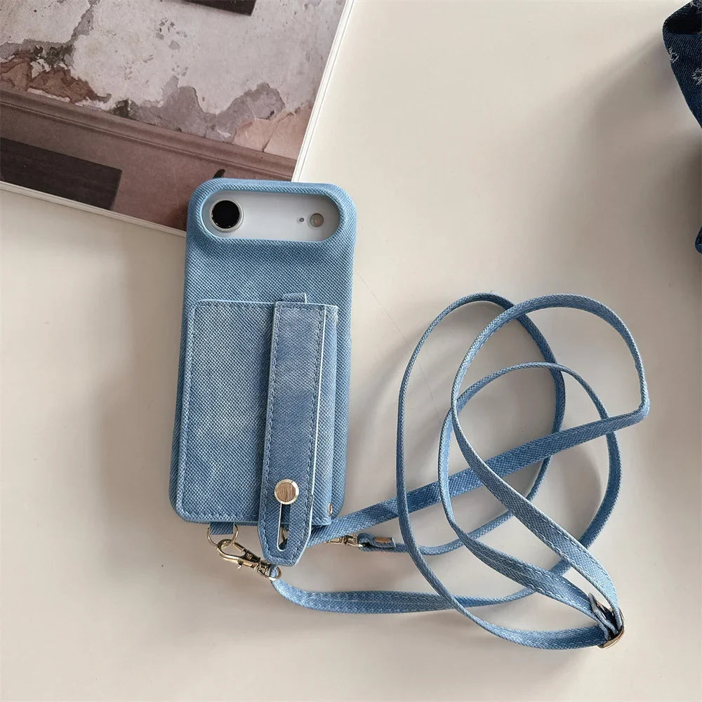 Denim Crossbody iPhone Case with Card Holder Wallet and Detachable Lanyard Strap