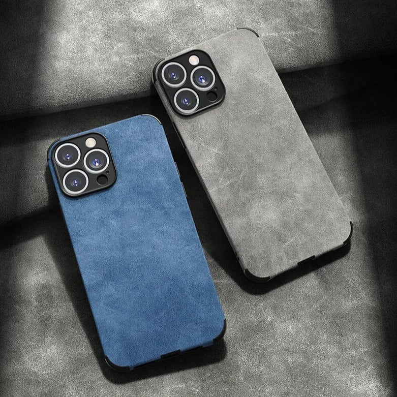 Suede Leather Texture iPhone Case with Metal Camera Lens Frame and Shockproof Corners