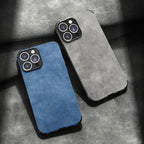 Suede Leather Texture iPhone Case with Metal Camera Lens Frame and Shockproof Corners