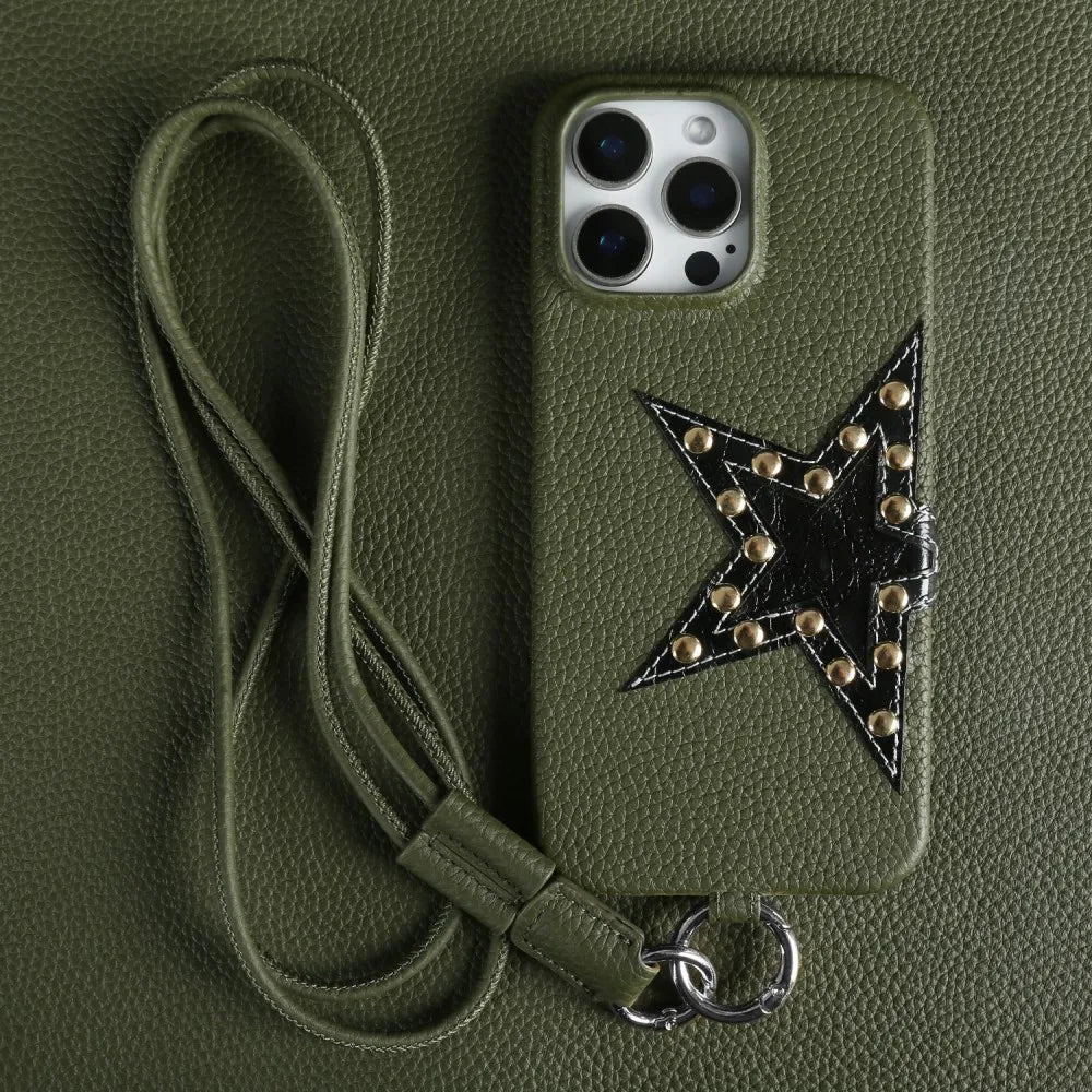 Studded Star iPhone Case with Leather Texture and Detachable Crossbody Lanyard