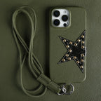 Studded Star iPhone Case with Leather Texture and Detachable Crossbody Lanyard