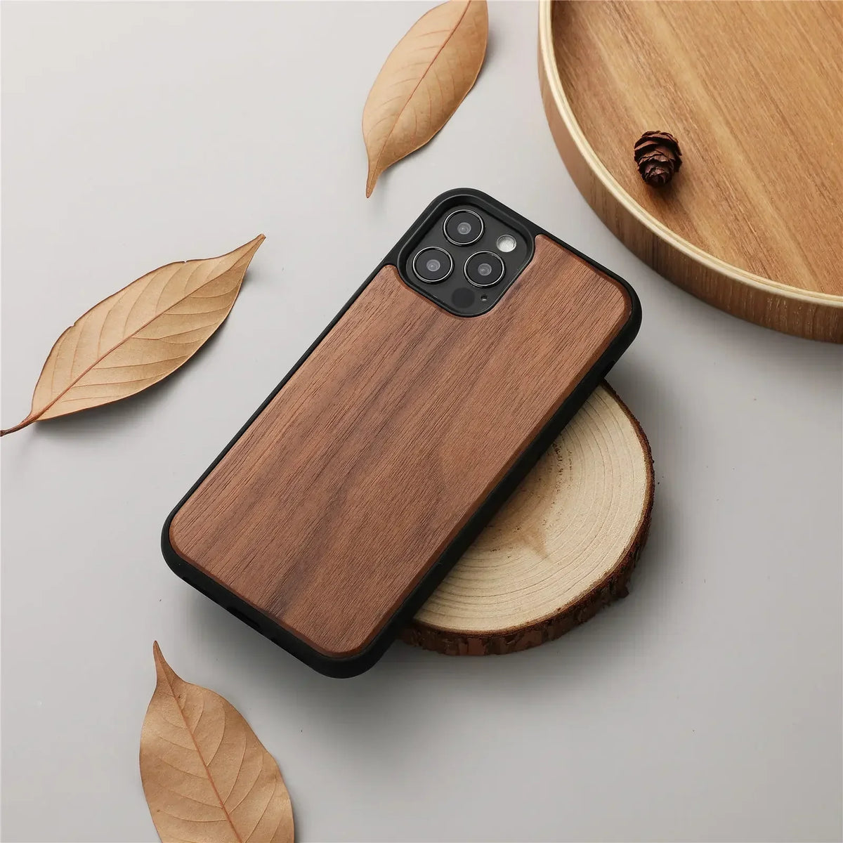 Walnut Wood Texture iPhone Case with Raised Camera Frame and Anti Slip Grip
