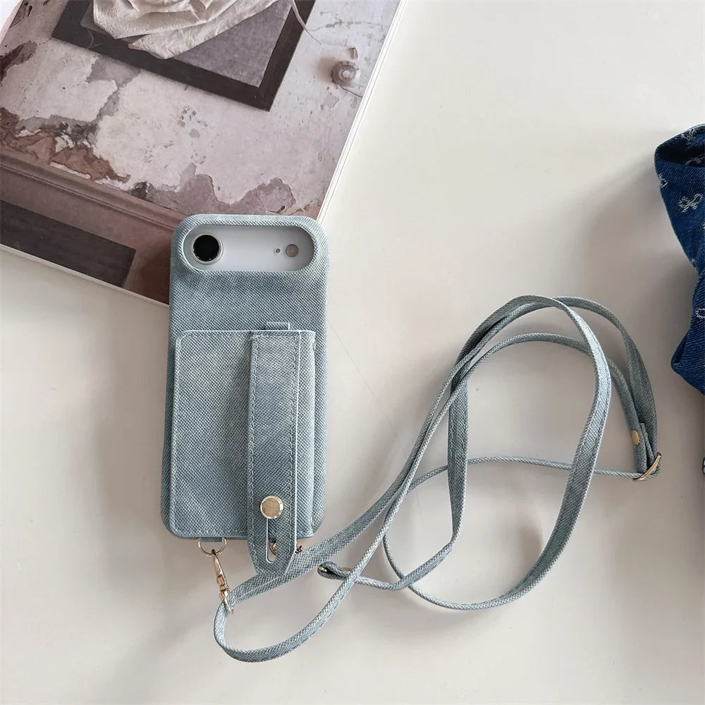 Denim Crossbody iPhone Case with Card Holder Wallet and Detachable Lanyard Strap