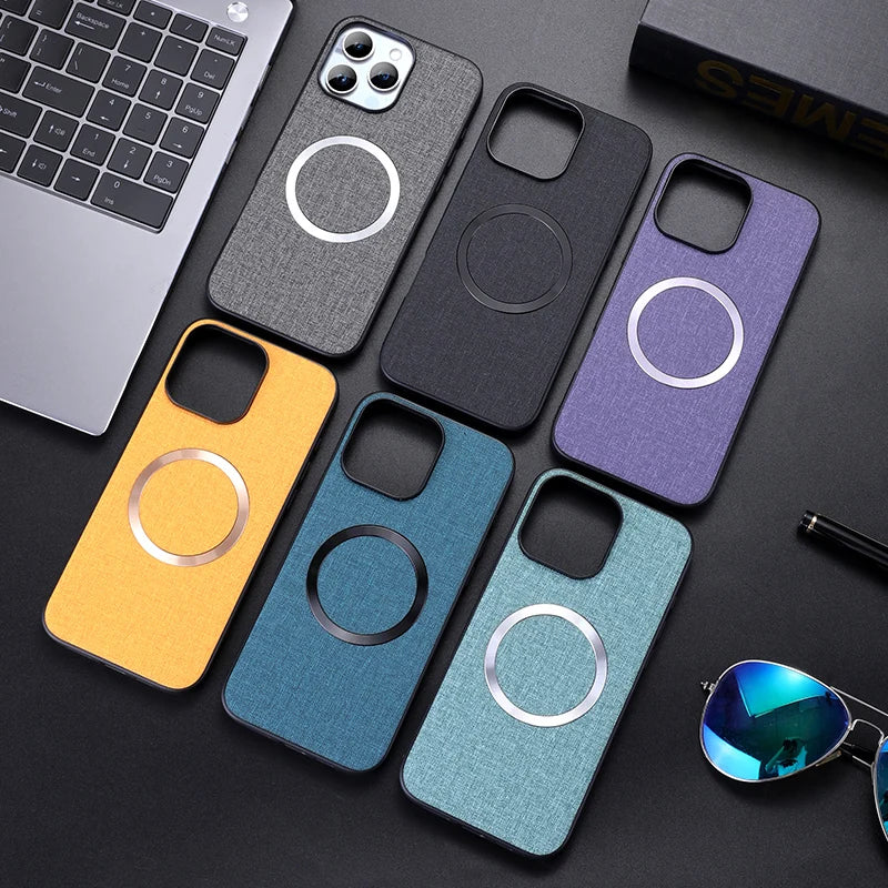 Linen Texture MagSafe iPhone Case with Raised Camera Frame and Lens Guard