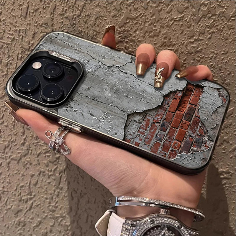 Cracked Cement Wall iPhone Case with Exposed Brick Print and Camera Lens Guard