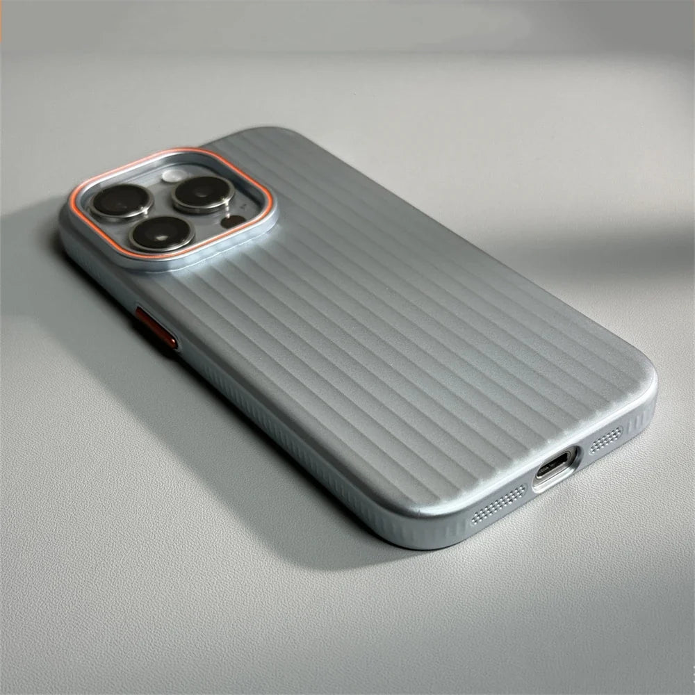 Ribbed Stripe iPhone Case with Metal Style Camera Frame and Button Covers