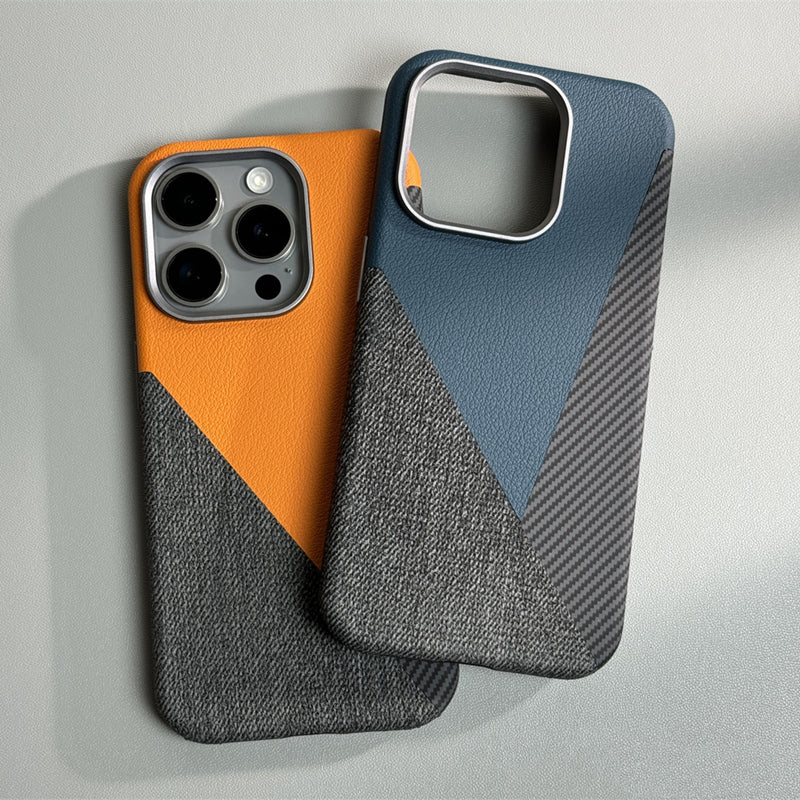 Carbon Fiber Style iPhone Case with Leather and Fabric Panels and Metal Camera Frame