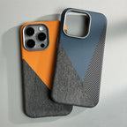 Carbon Fiber Style iPhone Case with Leather and Fabric Panels and Metal Camera Frame