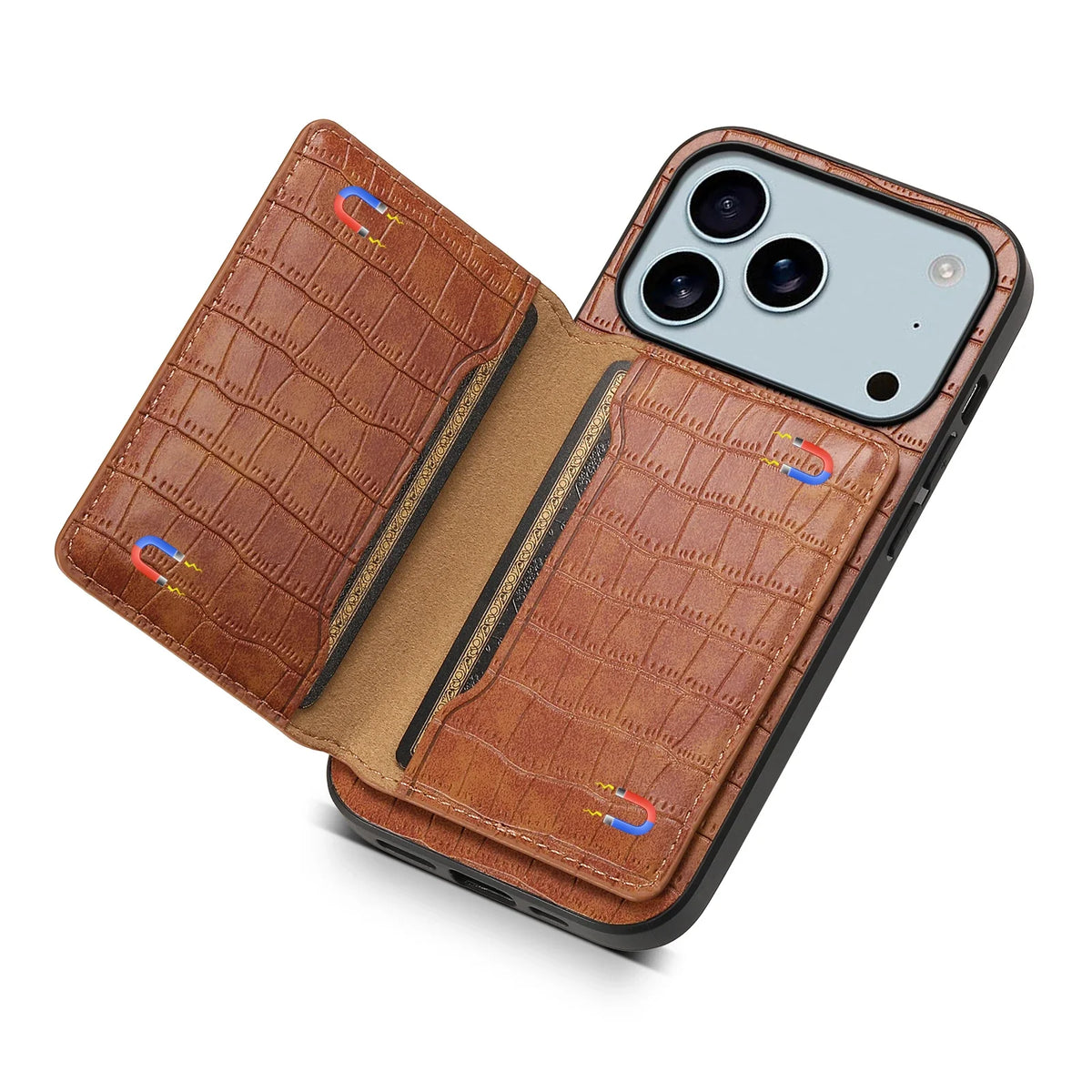 Crocodile Pattern Leather iPhone Case with Card Holder Wallet and Large Camera Cutout