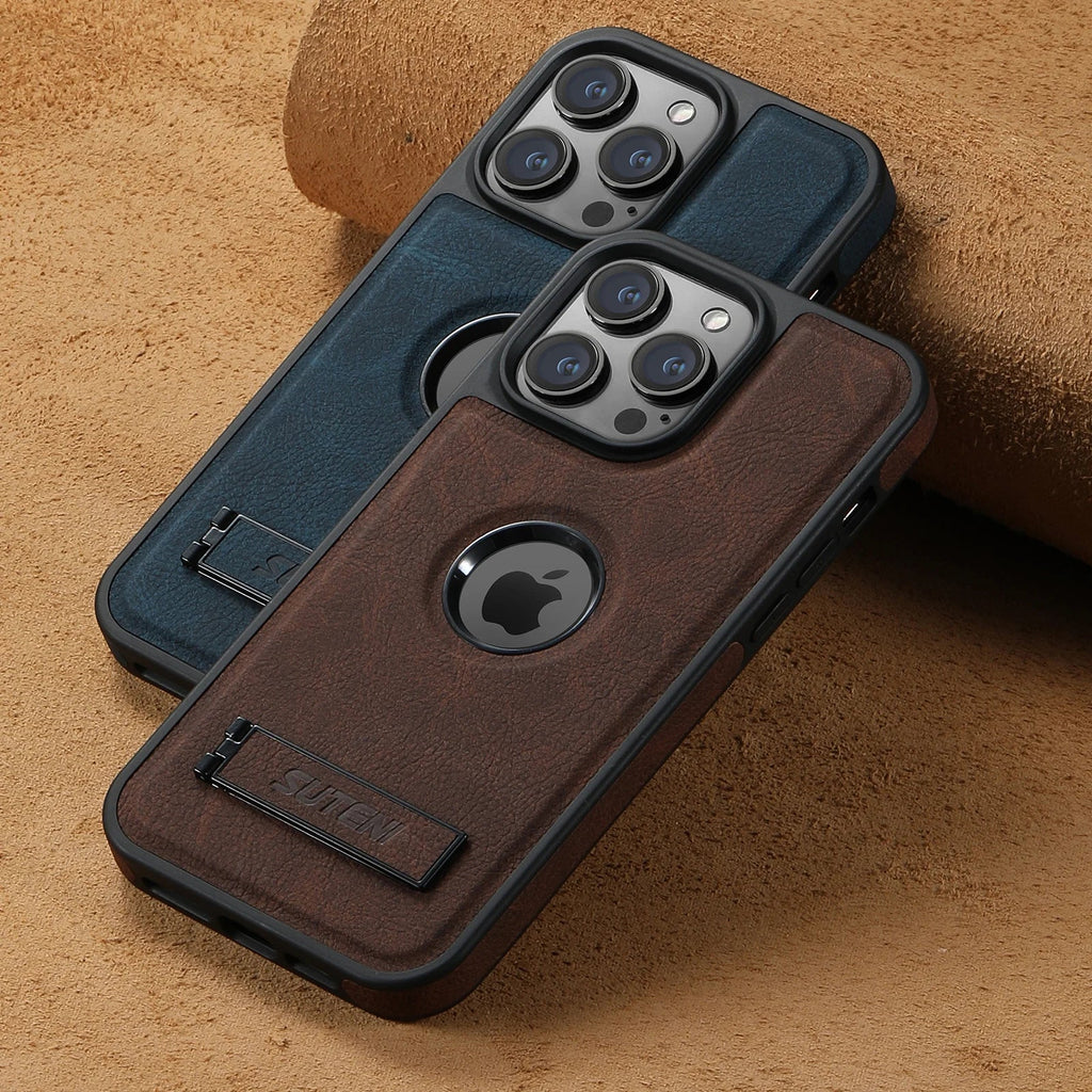 Premium Leather MagSafe iPhone Case with Built In Stand and Logo Cutout