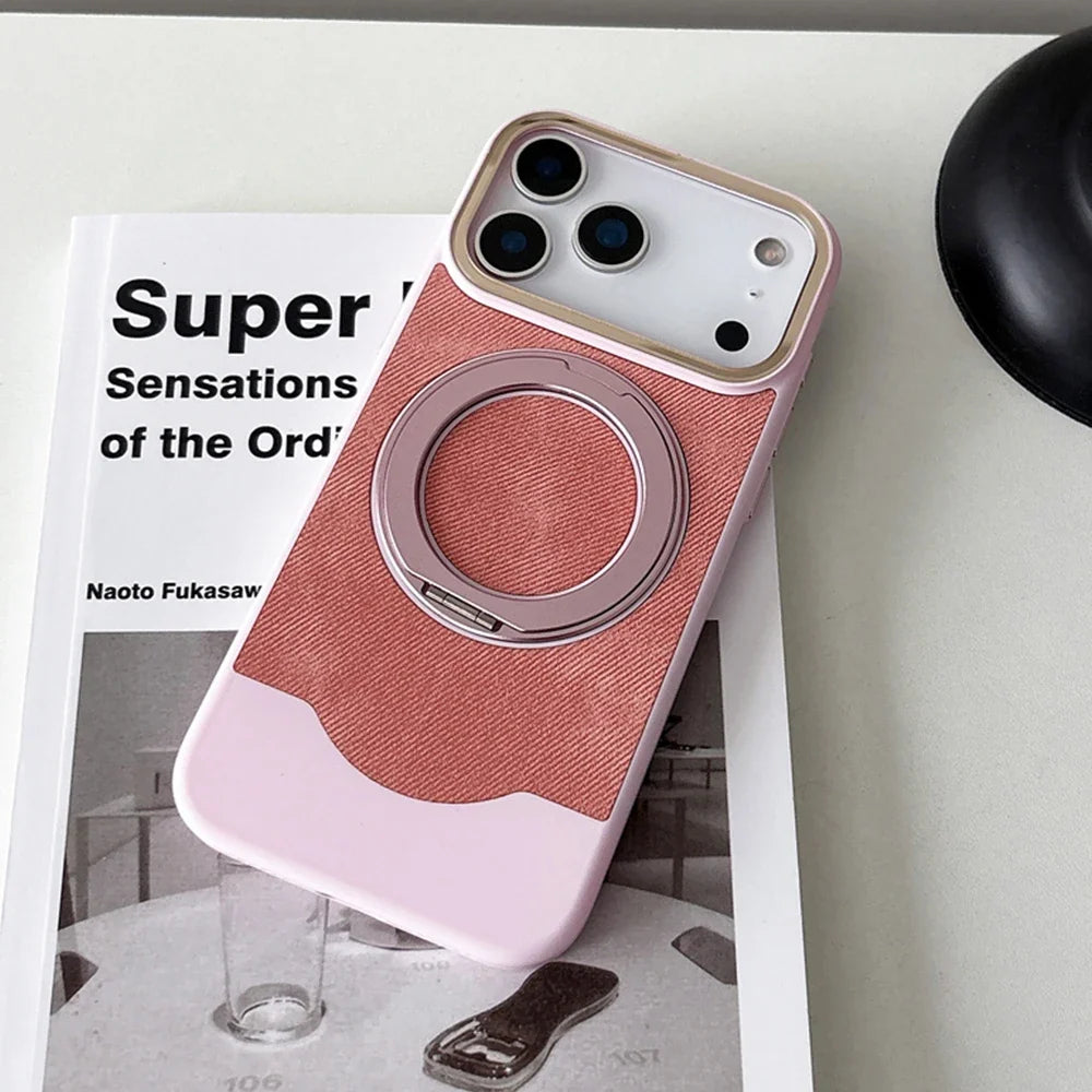 Denim Texture MagSafe iPhone Case with Rotating Ring Stand and Camera Lens Frame