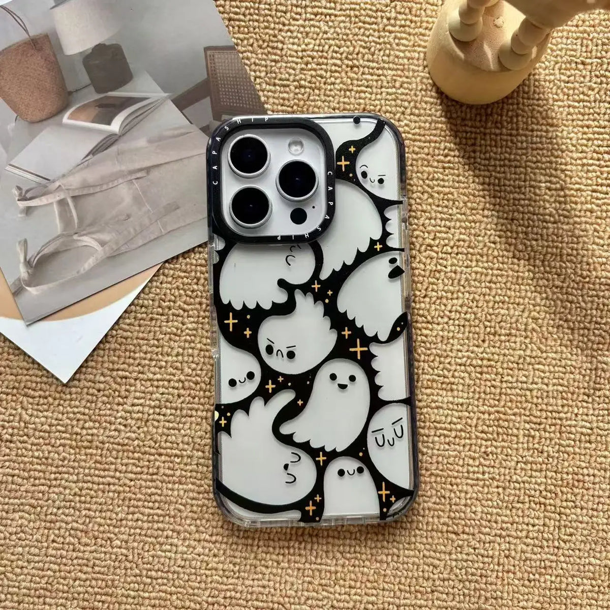 Cute Ghost Pattern iPhone Case Clear Back with Raised Camera Frame and Lens Guard