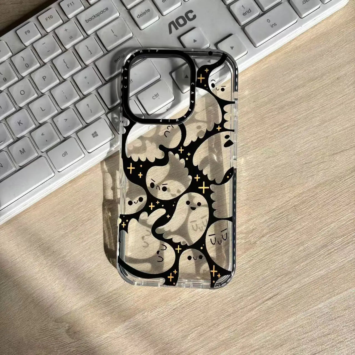 Cute Ghost Pattern iPhone Case Clear Back with Raised Camera Frame and Lens Guard