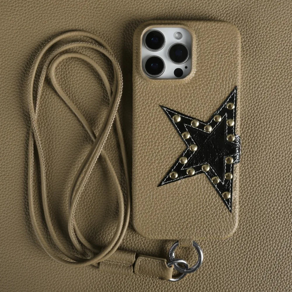Studded Star iPhone Case with Leather Texture and Detachable Crossbody Lanyard