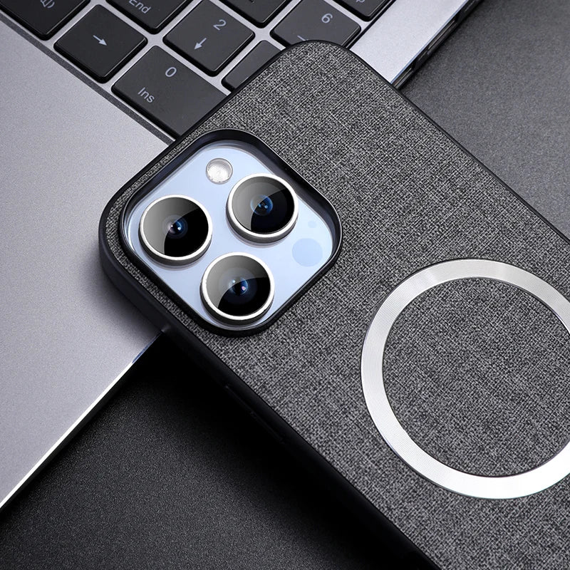 Linen Texture MagSafe iPhone Case with Raised Camera Frame and Lens Guard