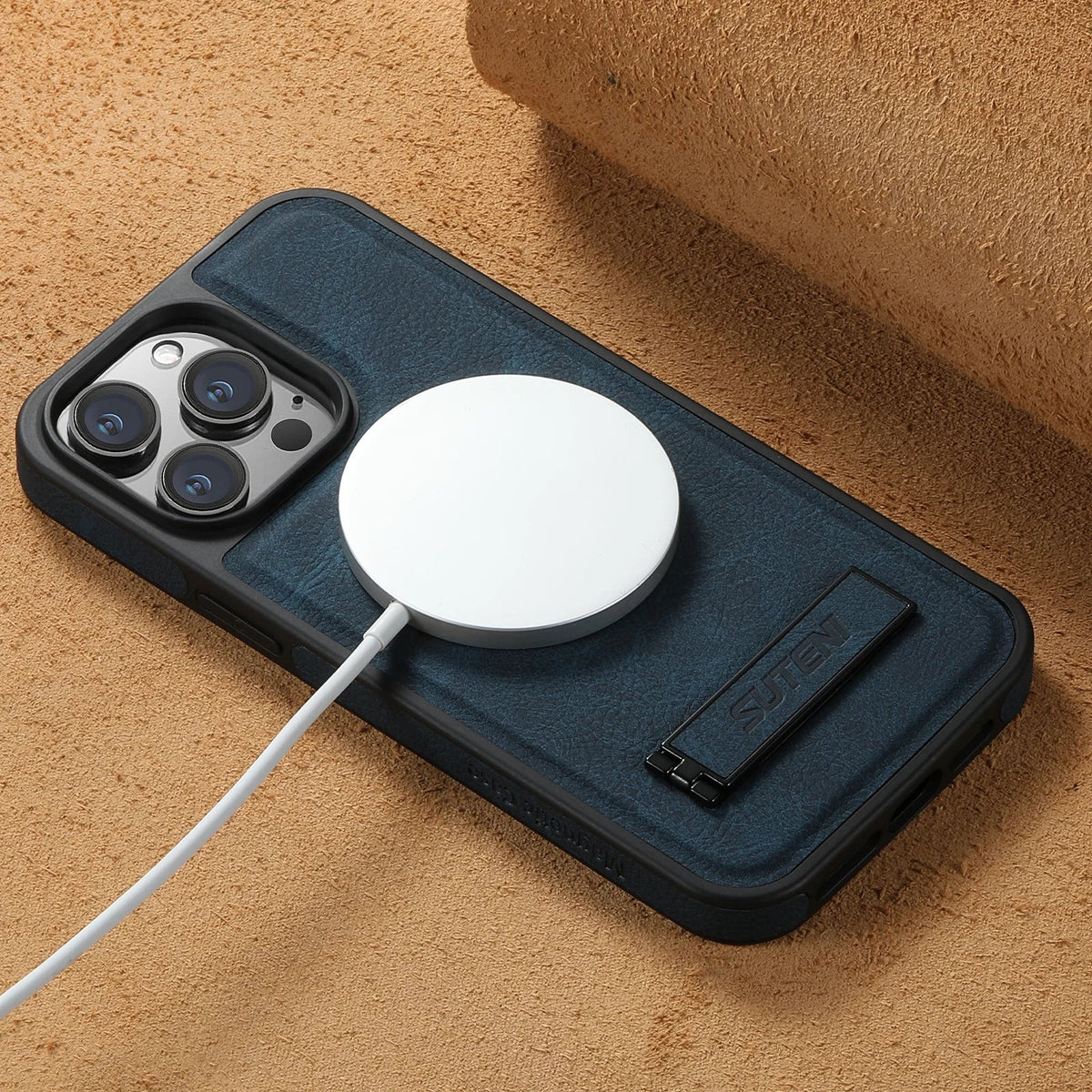 Premium Leather MagSafe iPhone Case with Built In Stand and Logo Cutout