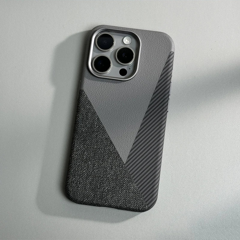 Carbon Fiber Style iPhone Case with Leather and Fabric Panels and Metal Camera Frame