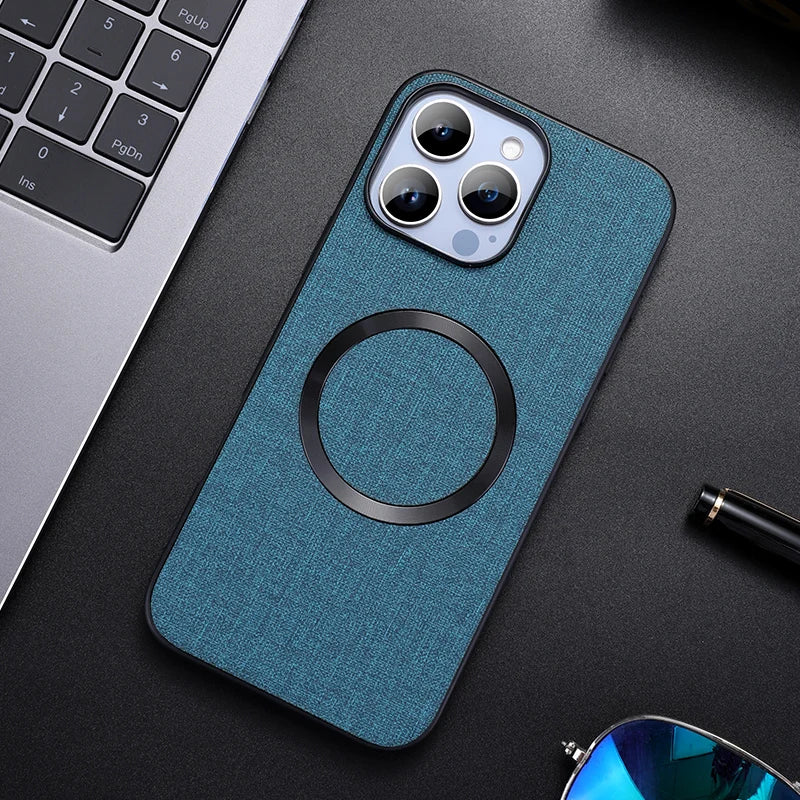 Linen Texture MagSafe iPhone Case with Raised Camera Frame and Lens Guard