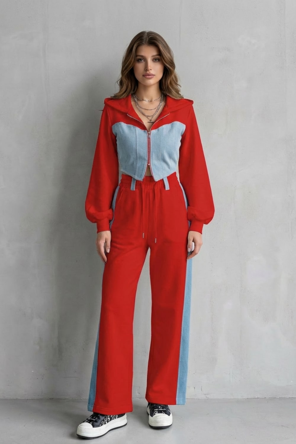Ornella Denim Panel Two Piece Hoodie Set_10