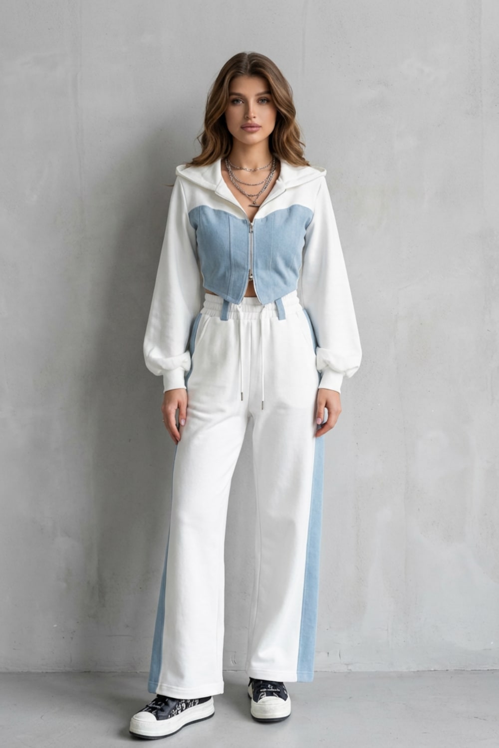 Ornella Denim Panel Two Piece Hoodie Set_2