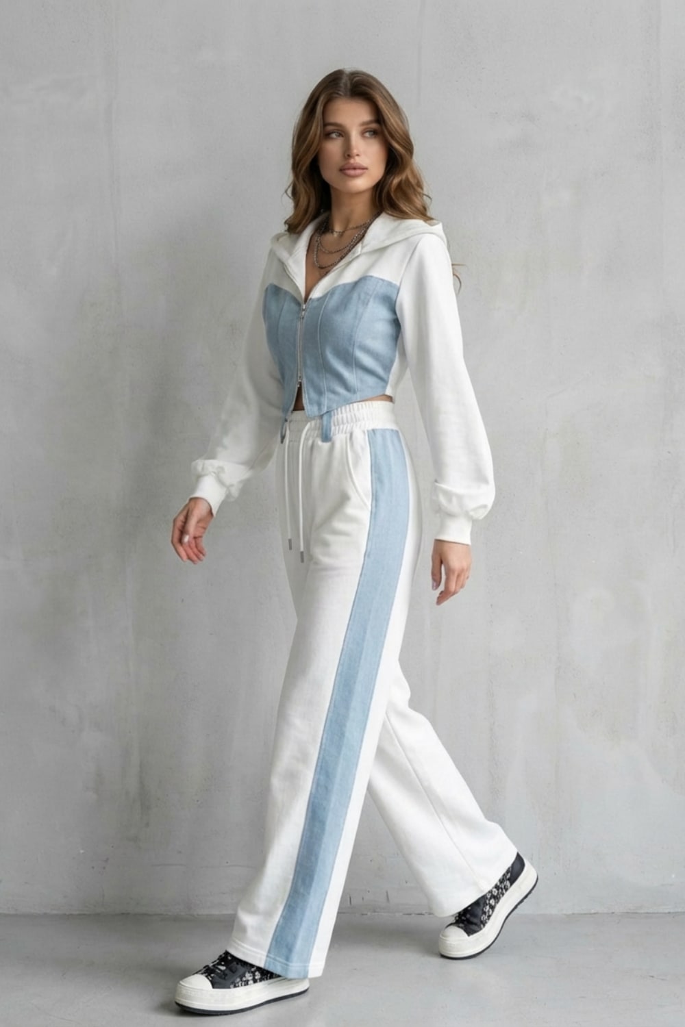 Ornella Denim Panel Two Piece Hoodie Set_3