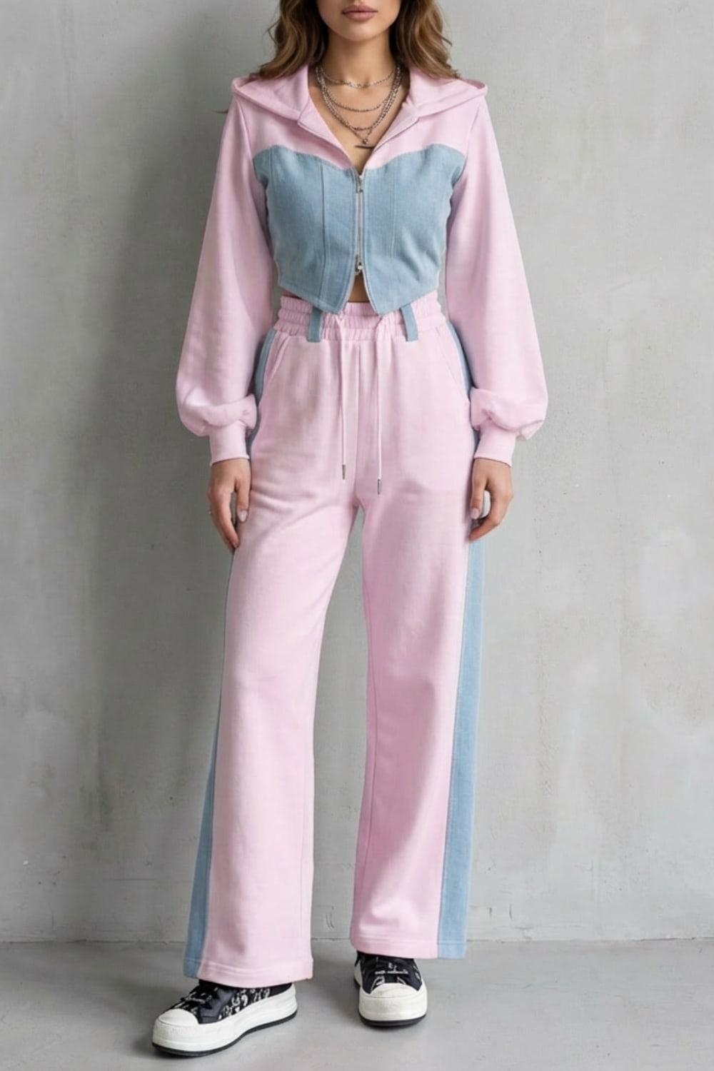 Ornella Denim Panel Two Piece Hoodie Set_5