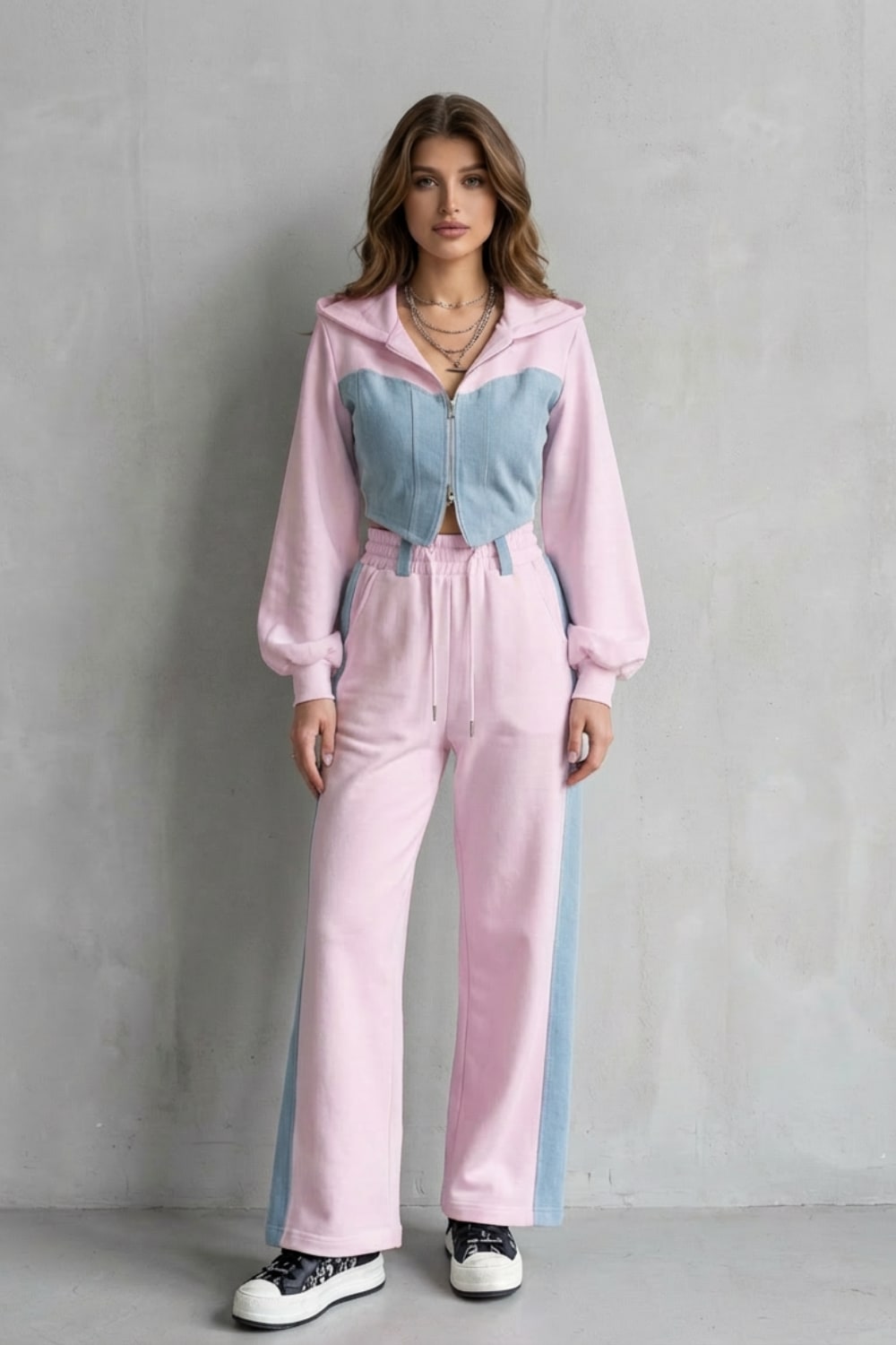 Ornella Denim Panel Two Piece Hoodie Set_6