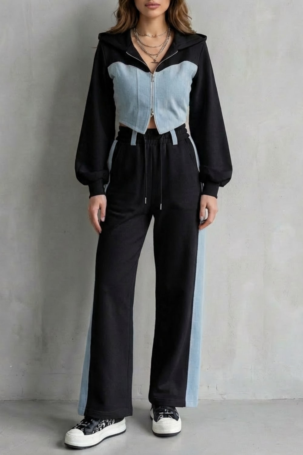 Ornella Denim Panel Two Piece Hoodie Set_7