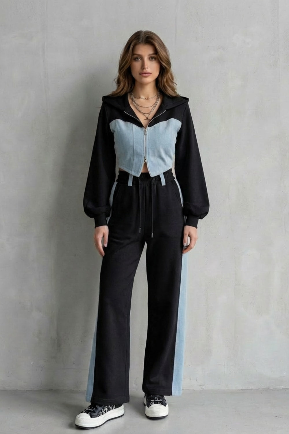 Ornella Denim Panel Two Piece Hoodie Set_8