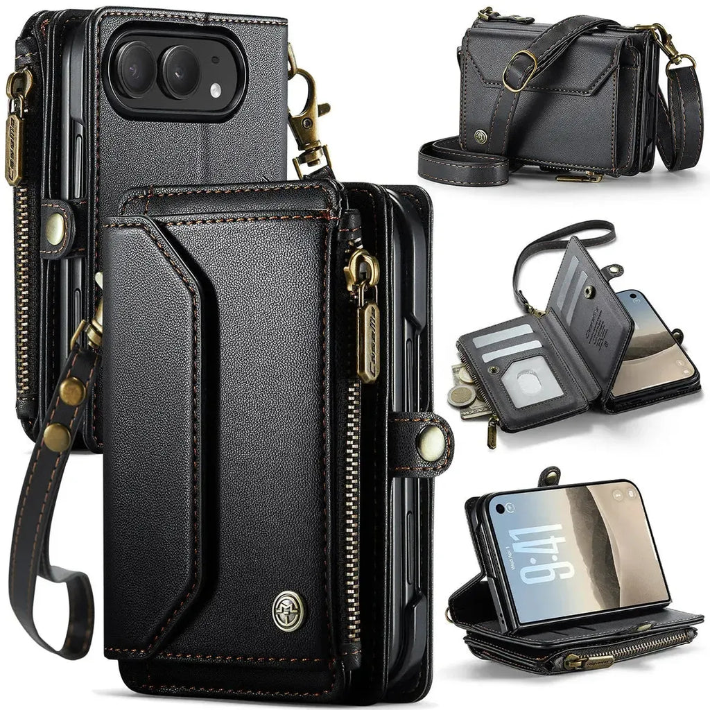 Oslaro Multifunctional Leather Crossbody Wallet Case with RFID Blocker & Wireless Charging for iPhone Duo