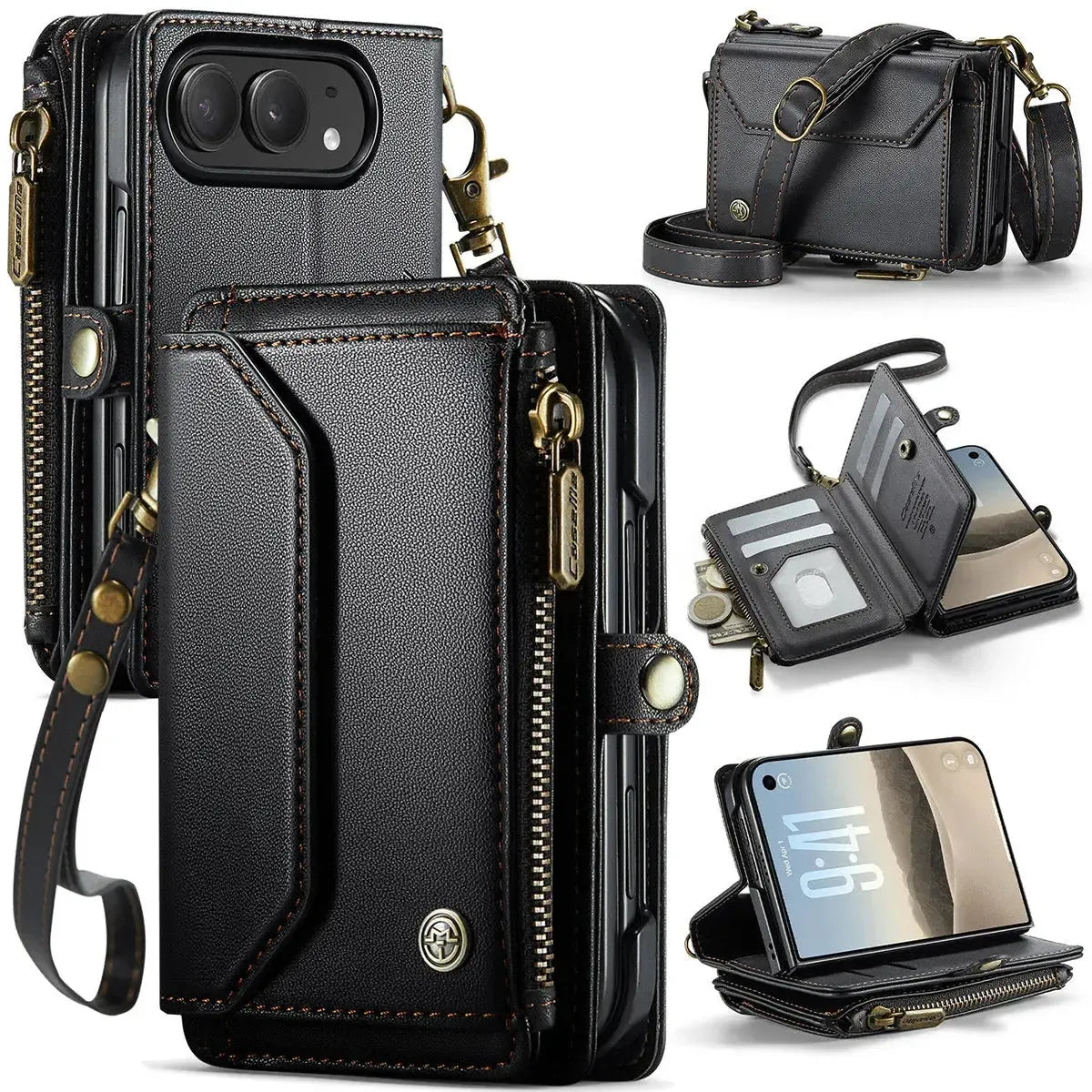 Oslaro Multifunctional Leather Crossbody Wallet Case with RFID Blocker & Wireless Charging for iPhone Duo