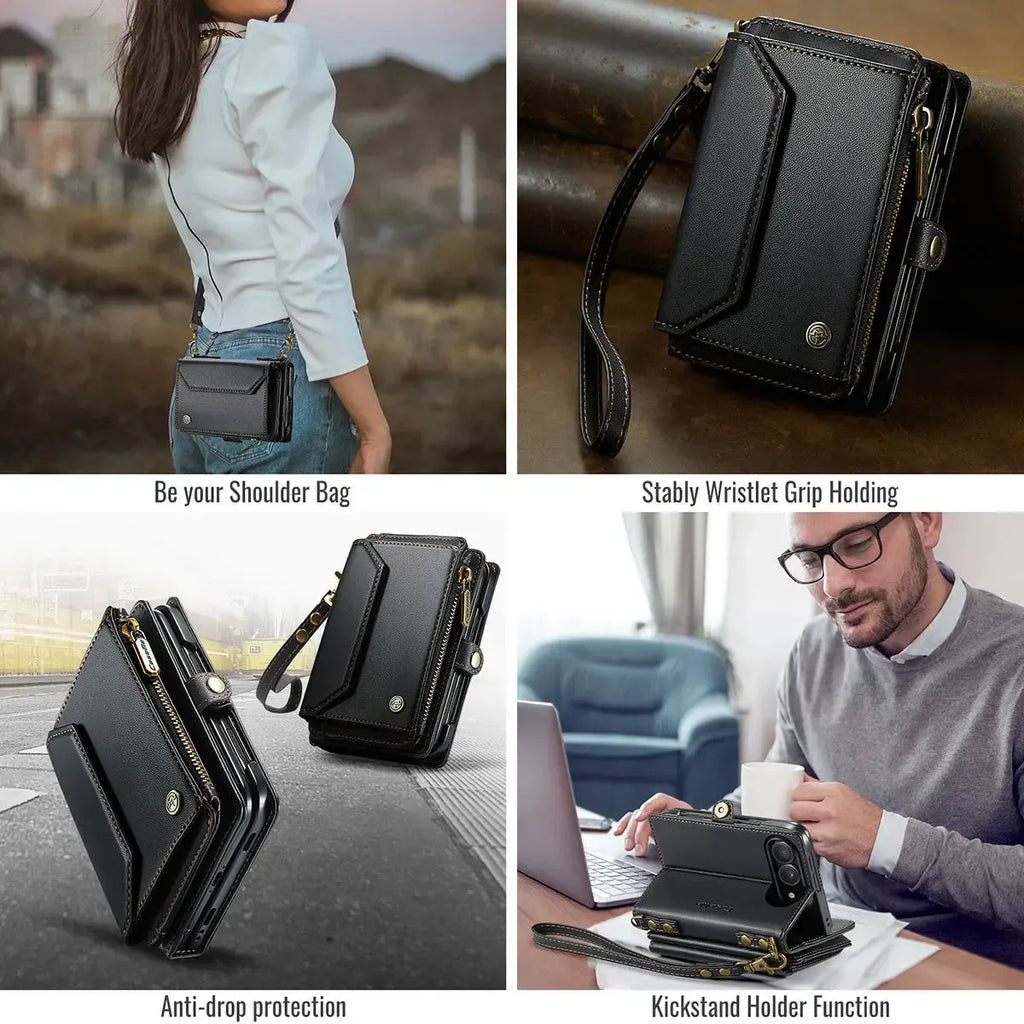 Oslaro Multifunctional Leather Crossbody Wallet Case with RFID Blocker & Wireless Charging for iPhone Duo