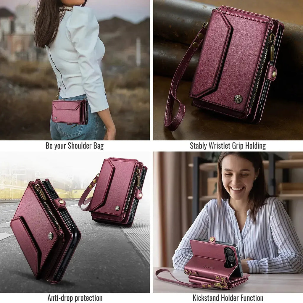 Oslaro Multifunctional Leather Crossbody Wallet Case with RFID Blocker & Wireless Charging for iPhone Duo