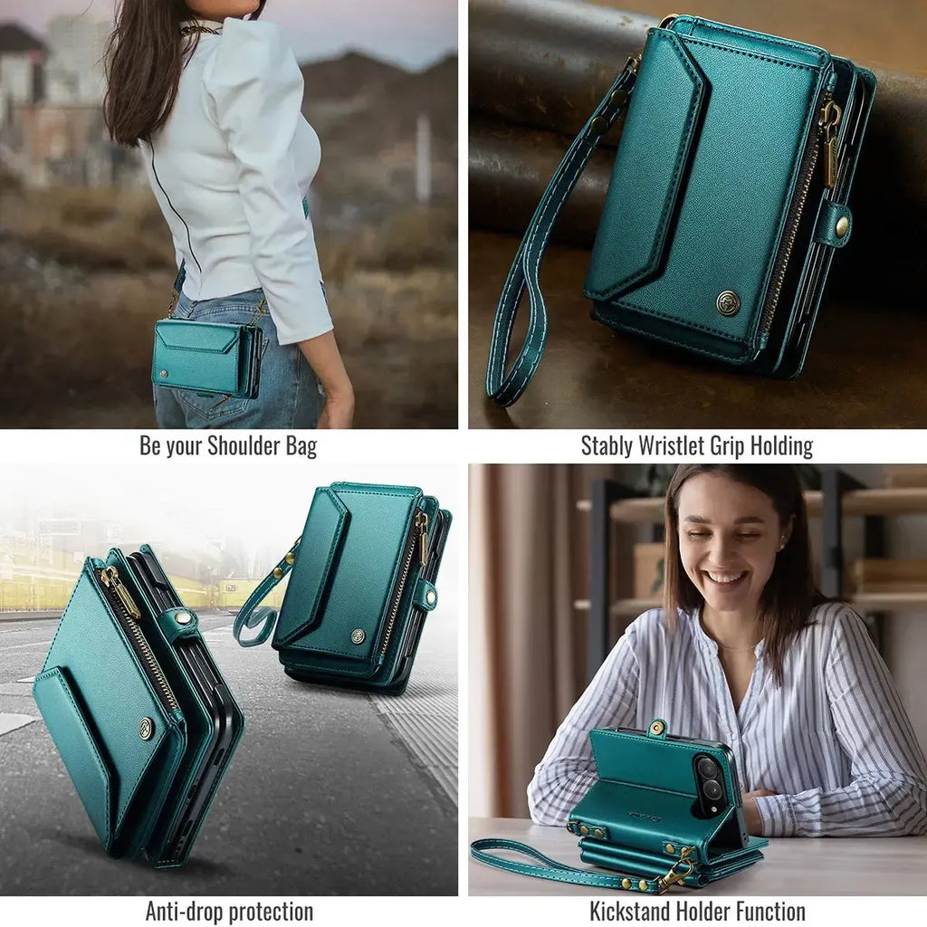Oslaro Multifunctional Leather Crossbody Wallet Case with RFID Blocker & Wireless Charging for iPhone Duo