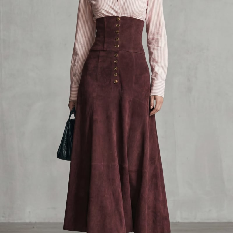 Sahar Corset Waist Faux Suede Maxi Skirt_1