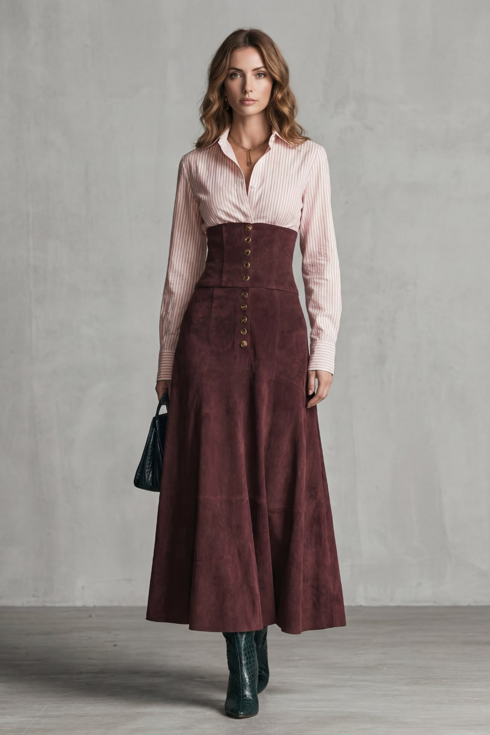Sahar Corset Waist Faux Suede Maxi Skirt_2