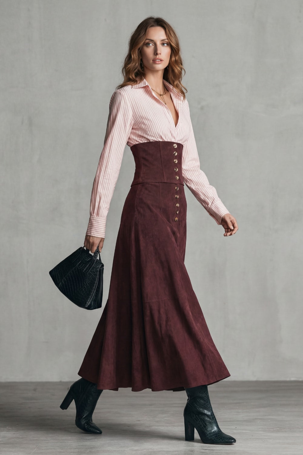 Sahar Corset Waist Faux Suede Maxi Skirt_3