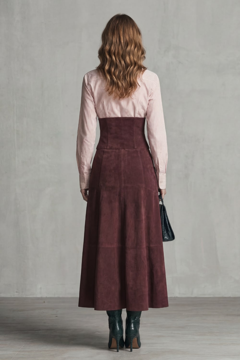 Sahar Corset Waist Faux Suede Maxi Skirt_4